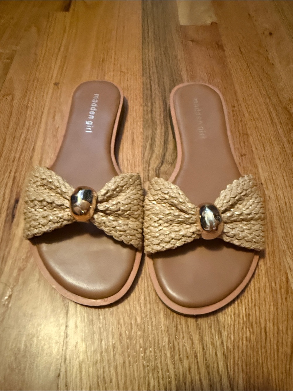 Madden Girl Tan Braided Slide Sandals with Gold Accent NWOT